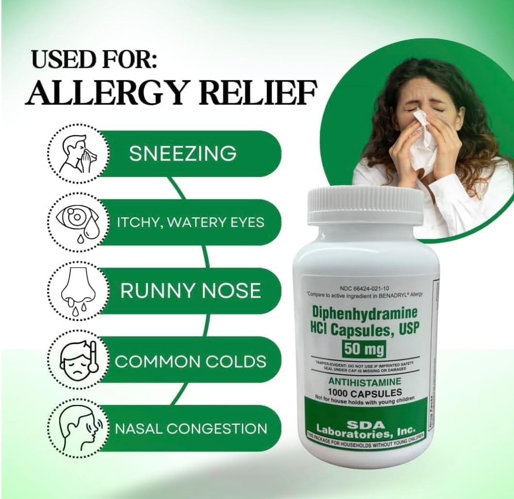 Diphenhydramine 50mg Alivio para la Alergia - 1000 Comprimidos