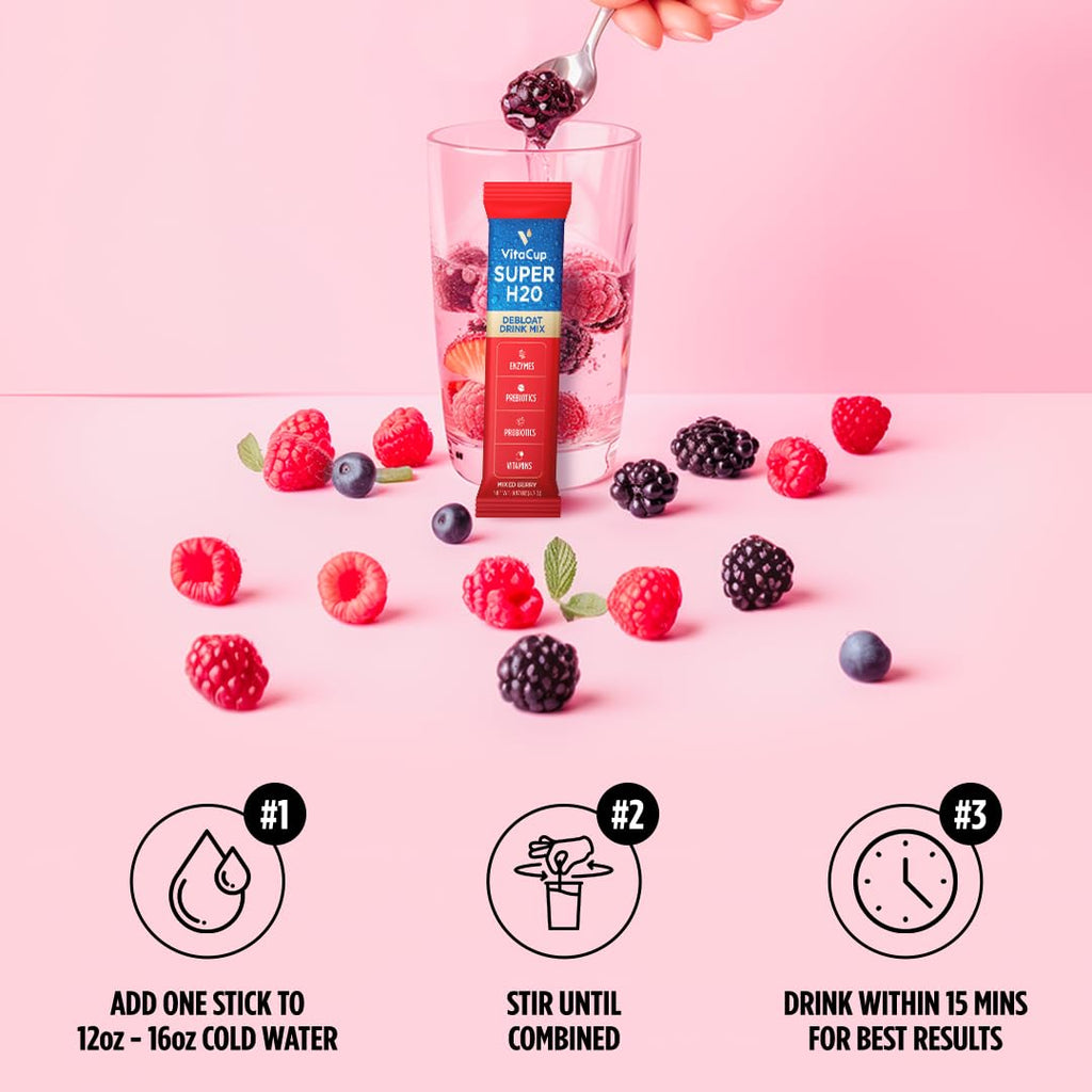 VitaCup Super H2O Mezcla en Polvo para Alivio de la Hinchazón y Salud Digestiva, con Probióticos, Prebióticos, Vitaminas C y B, Sabor a Bayas, 32 Sobres