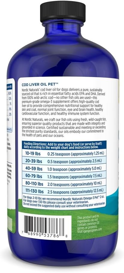 Nordic Naturals Pet Cod Liver Oil, Sin Sabor - 473 ml - 1048 mg de Omega-3 por Cucharadita - Aceite de Pescado para Perros con EPA y DHA