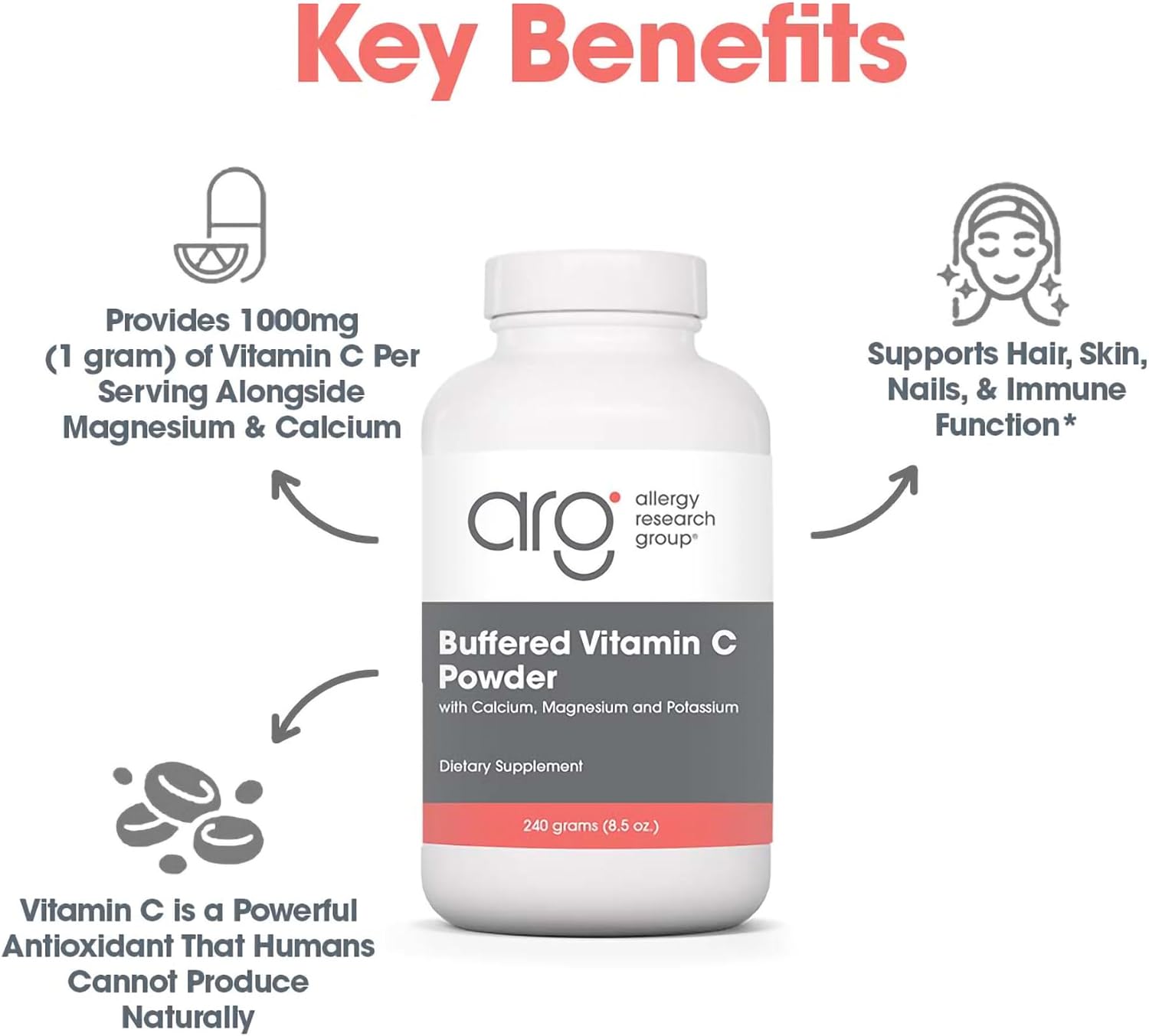 ARG Buffered Vitamin C Powder - Vitamina C Tamponada con Minerales - 102 Porciones - 241 g