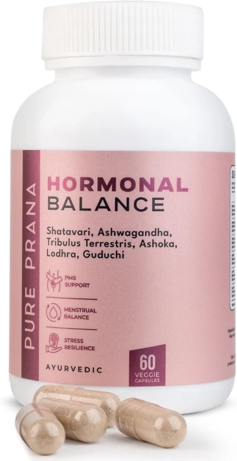 Pure Prana Shatavari Cápsulas para Mujer, Equilibrio Hormonal y Alivio del SPM con Ashwagandha - Suplemento Ayurvédico Vegano