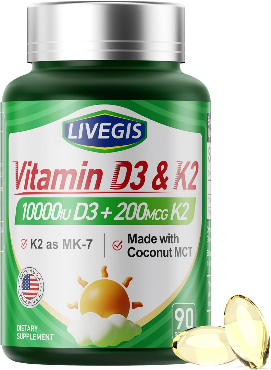 LIVEGIS Vitamina D3 K2 Softgels, D3 10000 UI con K2 (MK-7) 200 mcg, 90 cápsulas