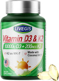 LIVEGIS Vitamina D3 K2 Softgels, D3 10000 UI con K2 (MK-7) 200 mcg, 90 cápsulas