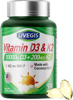LIVEGIS Vitamina D3 K2 Softgels, D3 10000 UI con K2 (MK-7) 200 mcg, 90 cápsulas