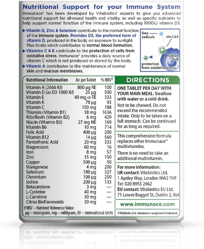 Vitabiotics Immunace Original - Multivitamínico Avanzado con Vitamina C, Zinc y Selenio - 30 Comprimidos