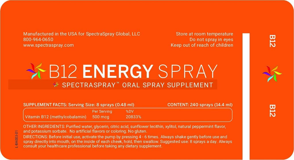 Spectraspray Vitamina B12 Spray - Pack de 3 - 90 Días de Suministro - Vegano, Sin Gluten