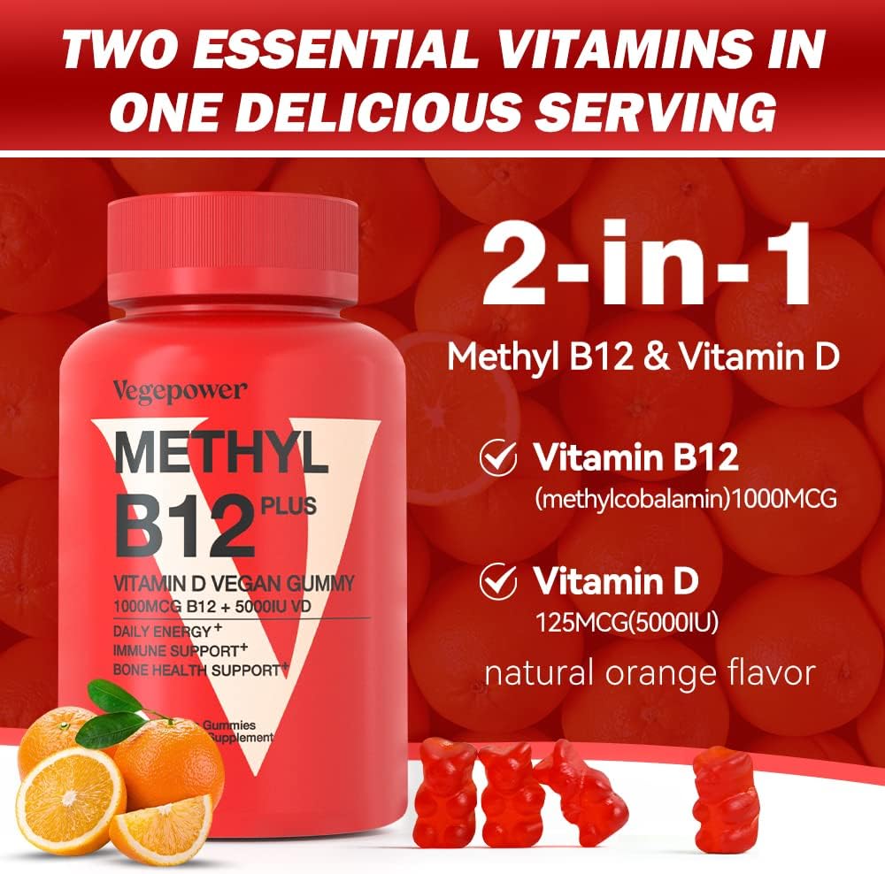 VEGEPOWER Vitamin B12 + D3 Gummies Veganas - 90 unidades - Sabor Naranja