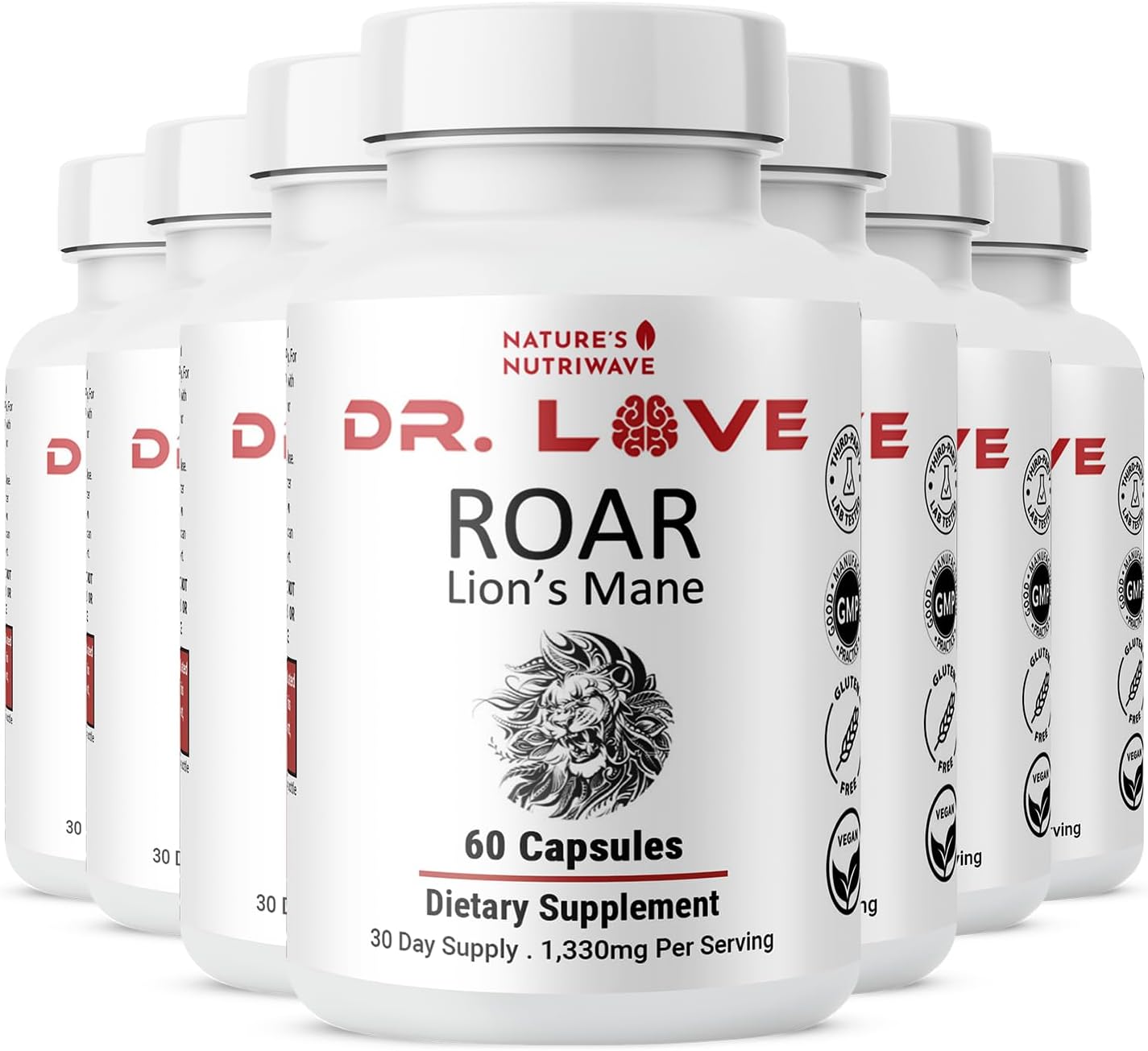 Dr. Love ROAR Lion's Mane – Cordyceps & Reishi – 60 Cápsulas, 8 Meses de Suministro