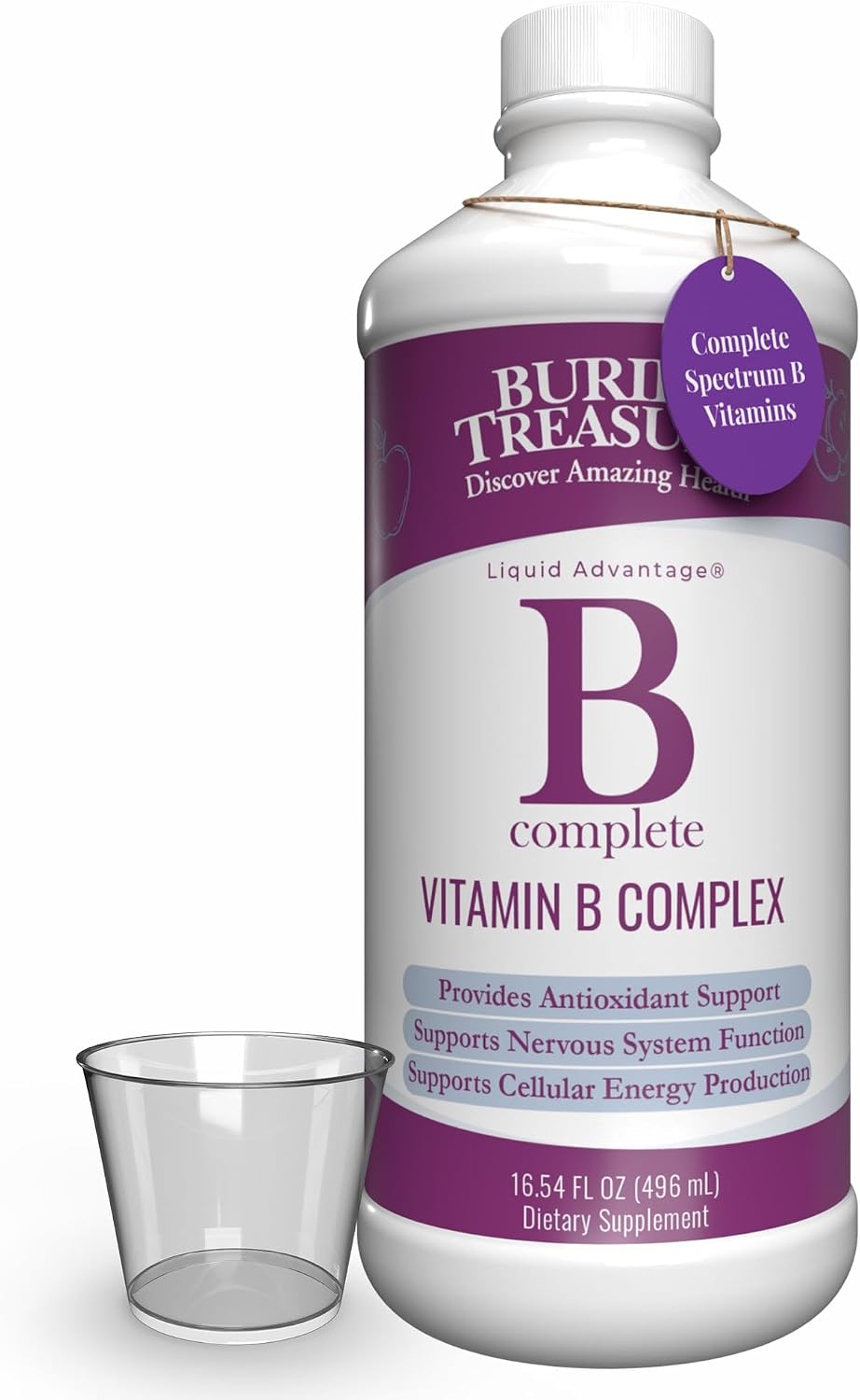 Buried Treasure B Complete - Complejo B líquido con metilcobalamina B12 y metilfolato B9, biotina, B1, B2, B3, B5, B6, sin azúcar, para hombres y mujeres, incluye dosificador