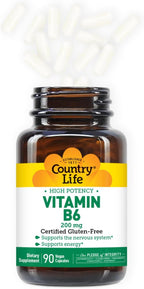 Country Life Vitamina B-6, Alta Potencia, 200 mg, 90 Cápsulas Veganas