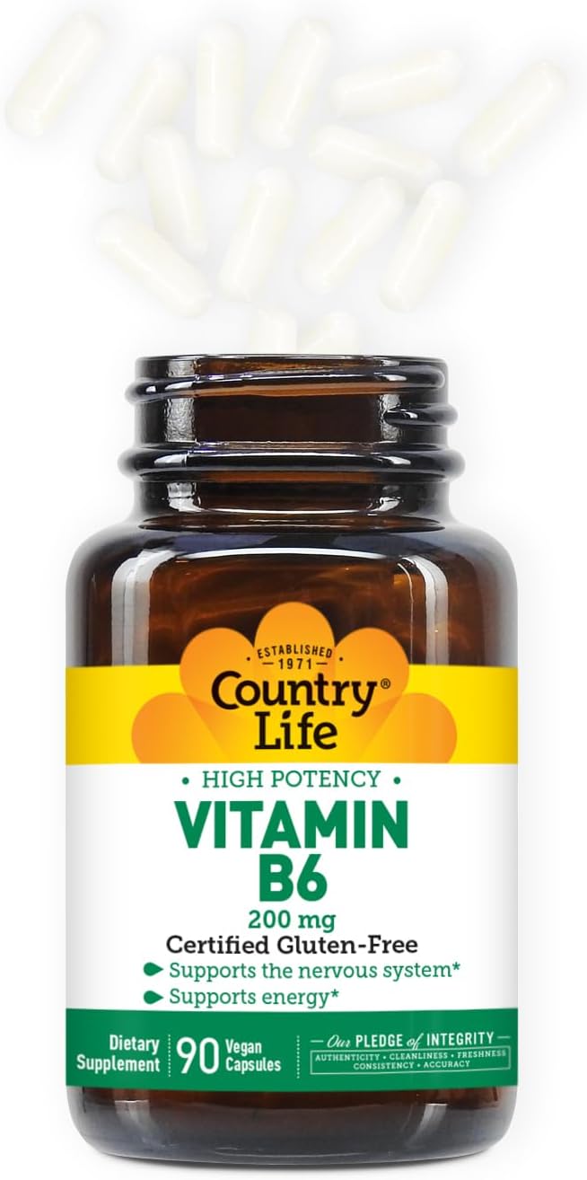 Country Life Vitamina B-6, Alta Potencia, 200 mg, 90 Cápsulas Veganas