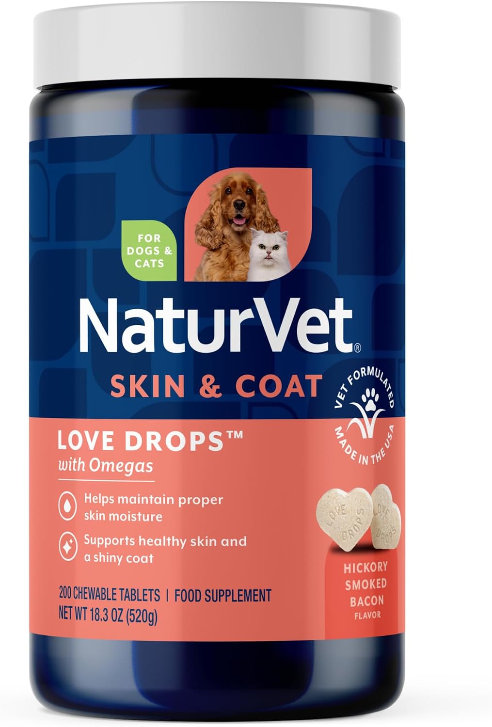 NaturVet Love Drops Plus Omegas - Suplemento para la Piel y el Pelo de Perros y Gatos - 200 Comprimidos Masticables Sabor a Mantequilla de Cacahuete