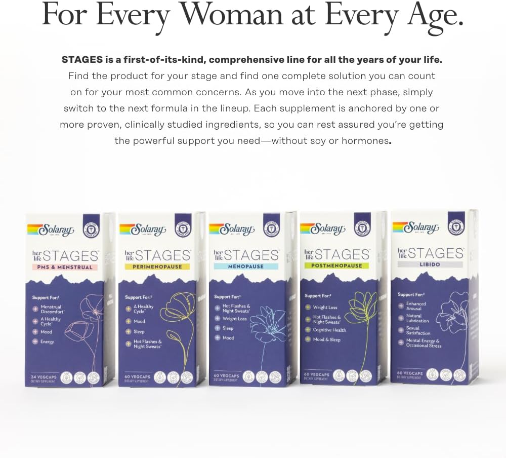 SOLARAY Perimenopause her Life Stages - Suplemento para Perimenopausia, Sofocos y Apoyo en la Menopausia - con Azafrán y Vitex - 60 Cápsulas Veganas