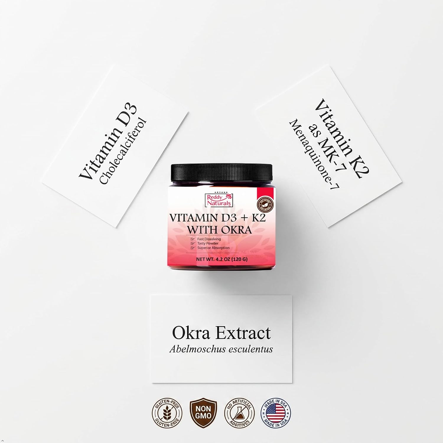 Reddy Naturals Vitamina D3 + K2 MK7 en Polvo con Okra, 120g (30 Dosis)