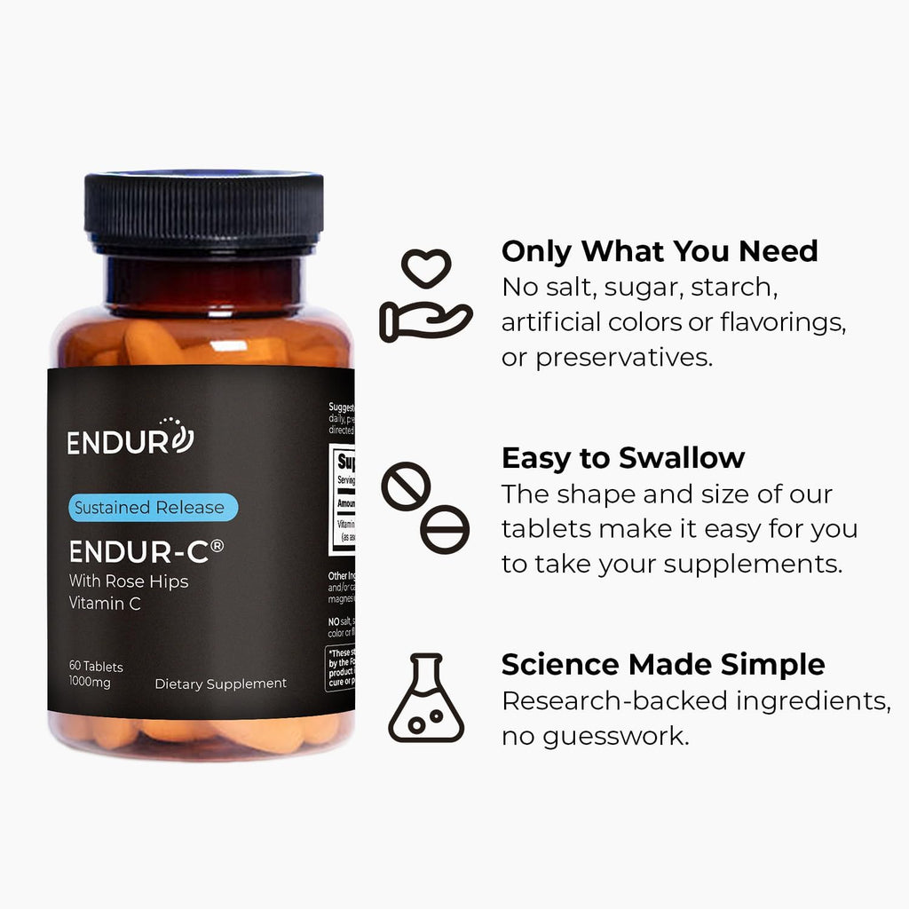 Endur ENDUR-C Vitamina C con Escaramujo, Liberación Sostenida, 1000 mg (60 Comprimidos)