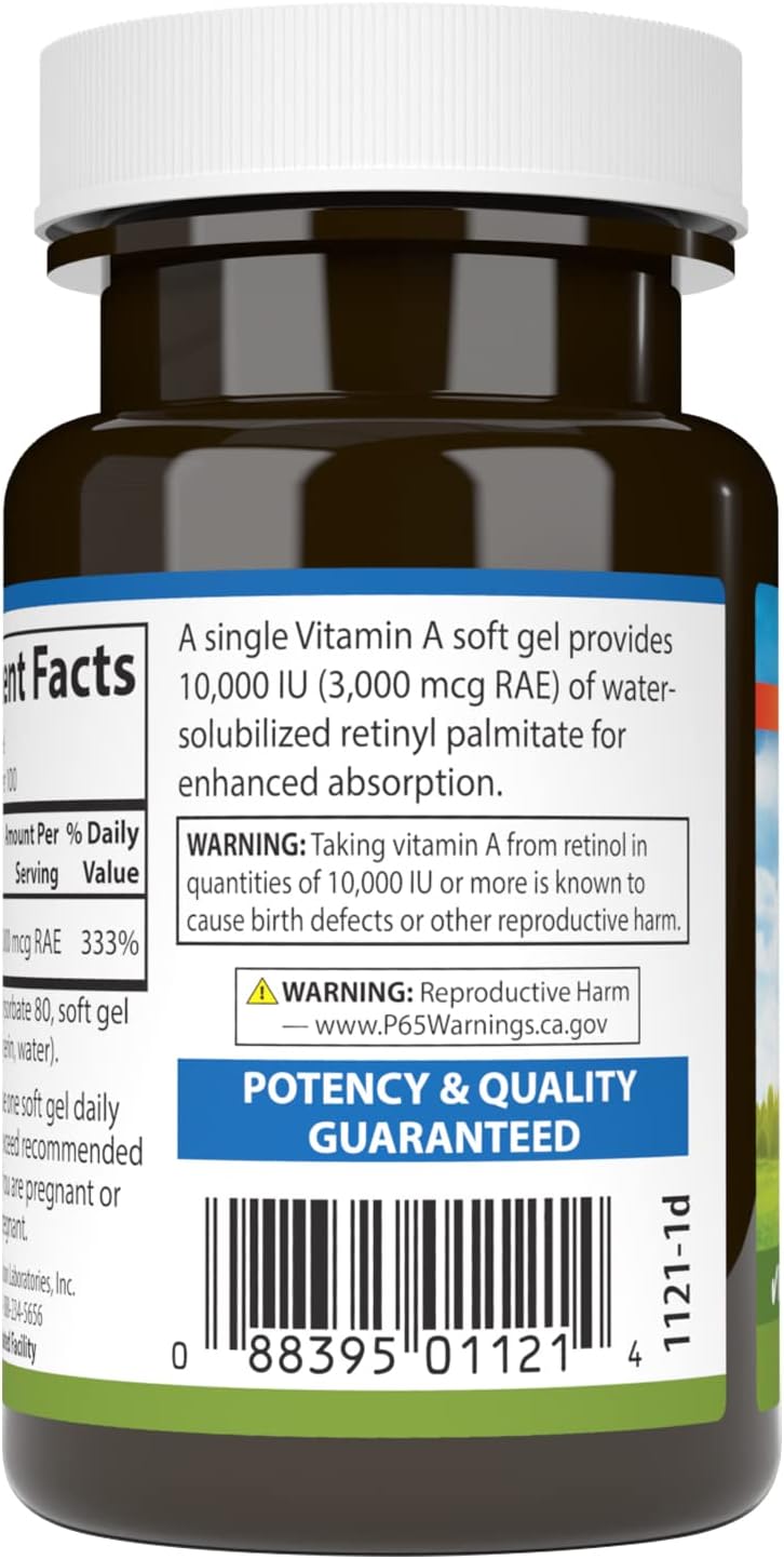 Carlson - Vitamina A Solubilizada, 10000 UI (3000 mcg EAR), Hidrosoluble, Salud Visual, 100 Cápsulas Blandas