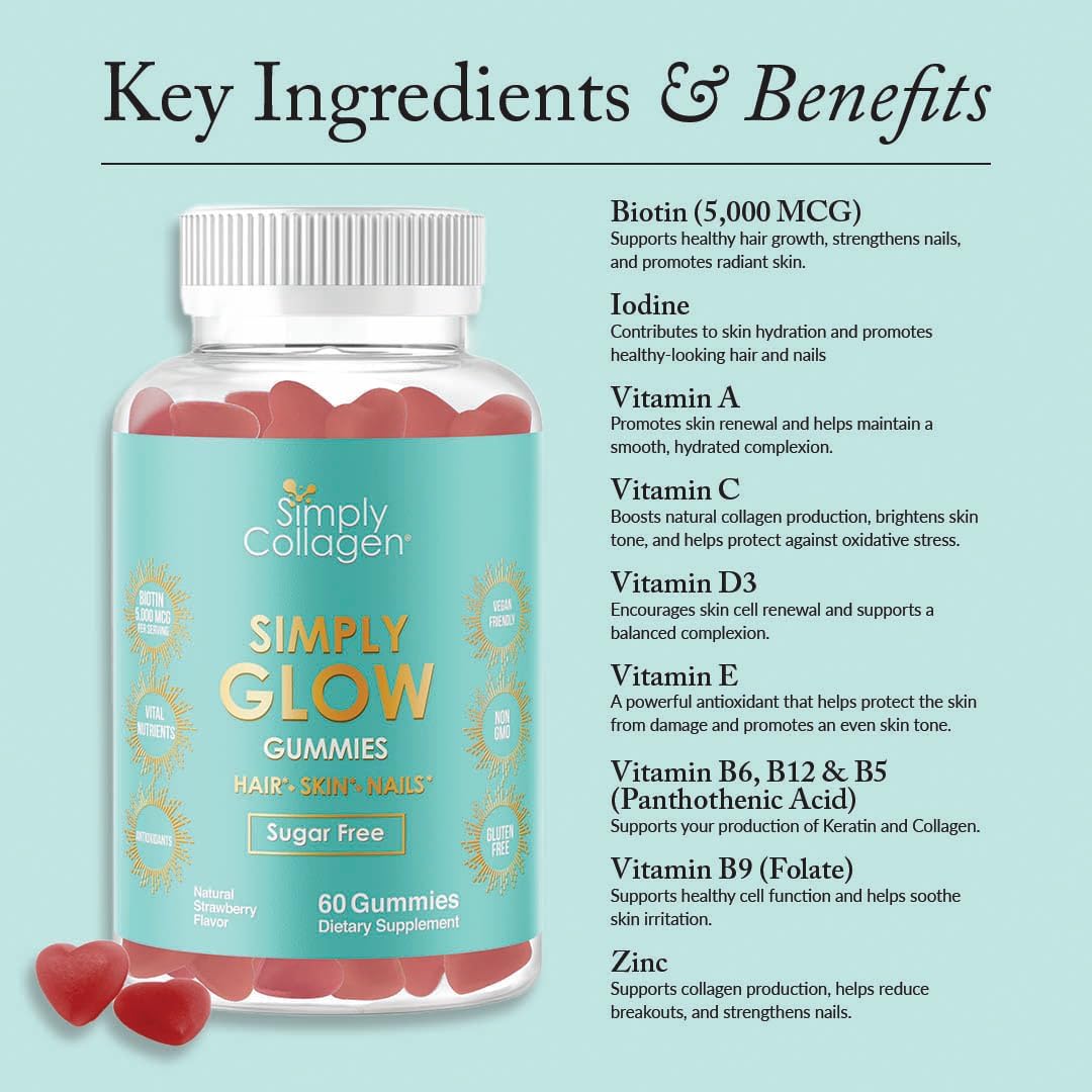 Simply Collagen® Simply Glow Gominolas para Cabello, Piel y Uñas – Vegano, Sin Azúcar, Sin Gluten – Biotina 5000 mcg – 60 unidades