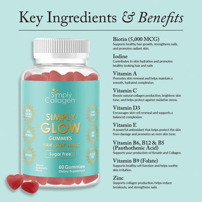 Simply Collagen® Simply Glow Gominolas para Cabello, Piel y Uñas – Vegano, Sin Azúcar, Sin Gluten – Biotina 5000 mcg – 60 – Image 5