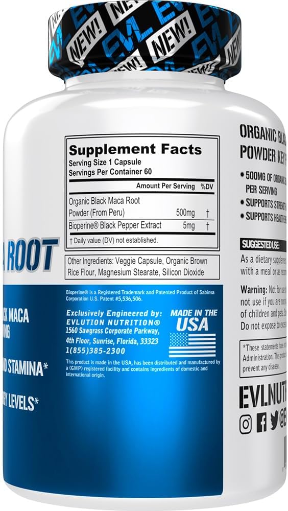 Evlution Nutrition Maca Negra Orgánica 500mg - 60 Cápsulas Vegetales