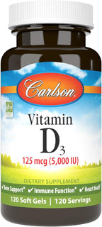Carlson - Vitamina D3 5000 UI (125 mcg), 120 Cápsulas Blandas