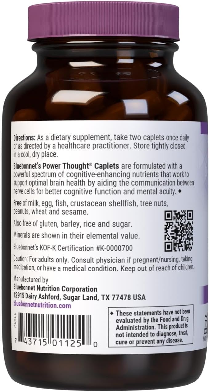 BlueBonnet Nutrition Power Thought - Suplemento Nootrópico para el Cerebro con Fosfatidilserina, Vitaminas B, Ginkgo y L-Tirosina - 90 Comprimidos