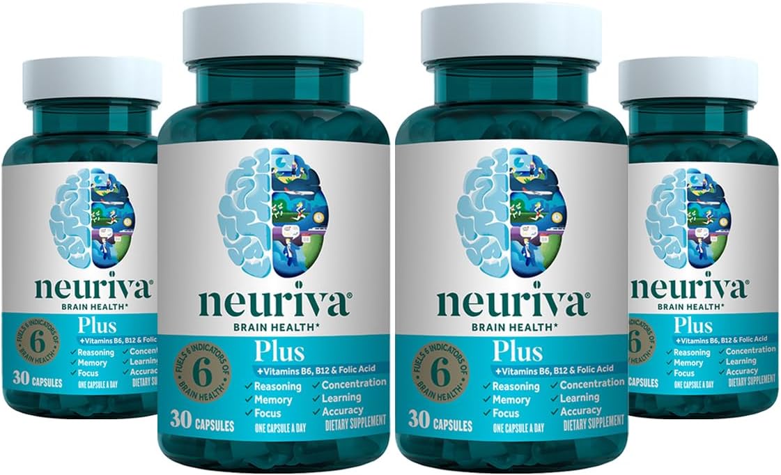 NEURIVA Plus Suplemento Cerebral: Memoria, Concentración y Enfoque con Fosfatidilserina y Neurofactor, Vitaminas B6 y B12, 120 Cápsulas (4 Paquetes de 30)