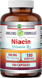 Amazing Formulas Niacina (Vitamina B3) 500 mg, 180 Cápsulas - No-GMO, Sin Gluten