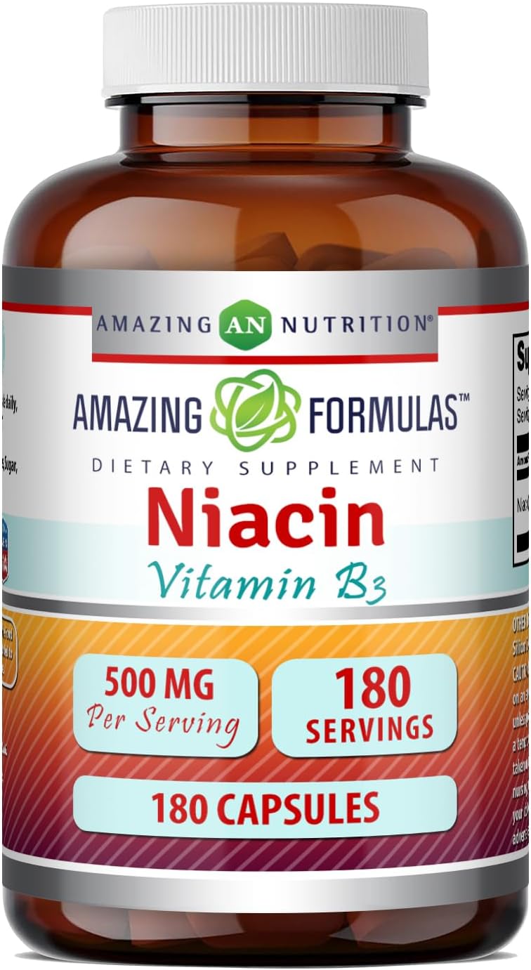 Amazing Formulas Niacina (Vitamina B3) 500 mg, 180 Cápsulas - No-GMO, Sin Gluten