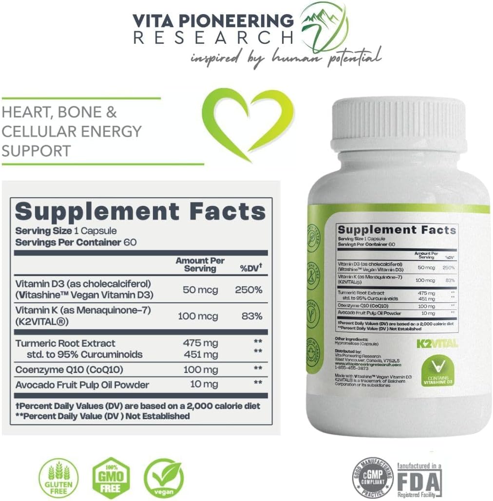 Vita Pioneering Research 5-en-1 Vitamina D3 2000UI + K2 MK-7 con Cúrcuma y CoQ10