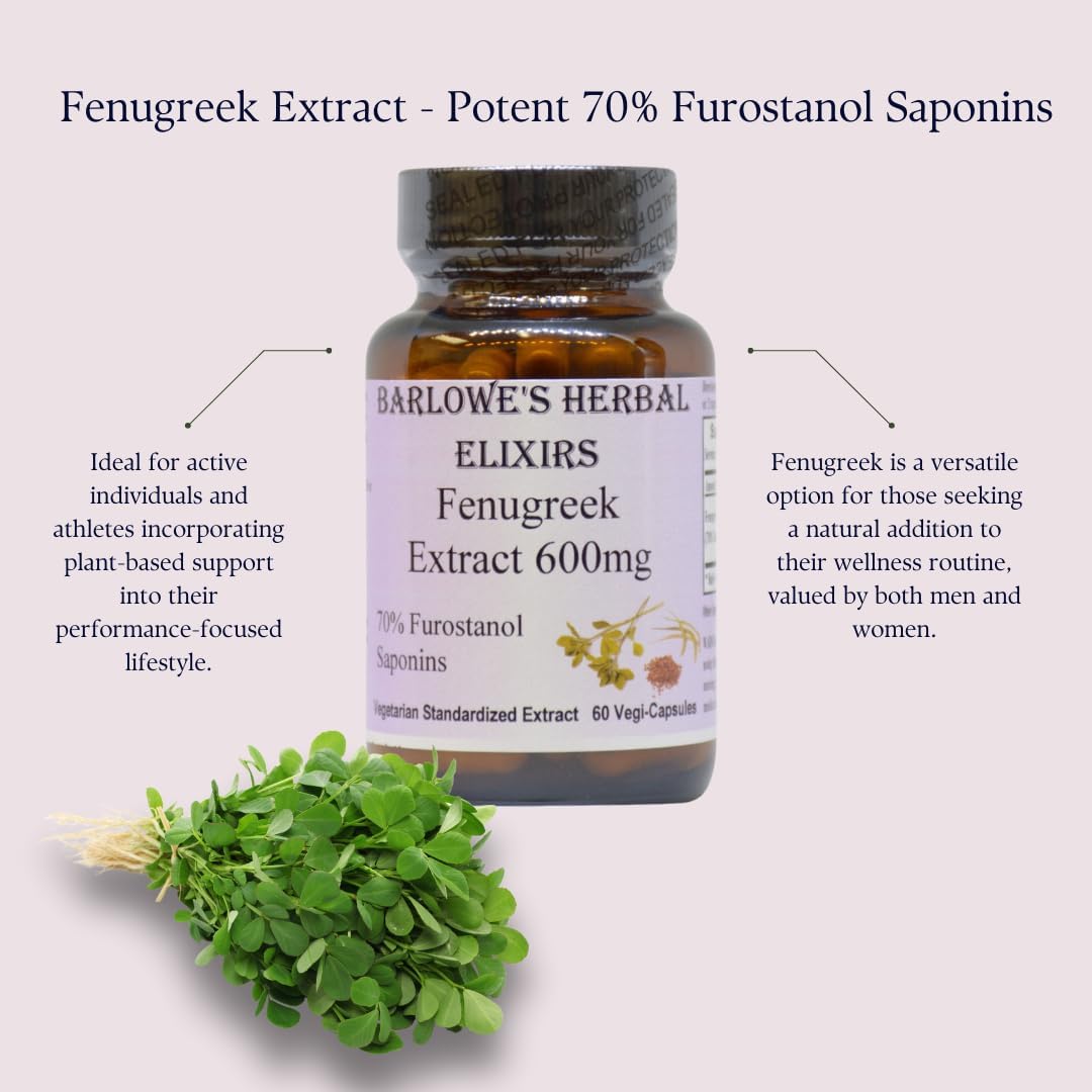 Extracto de Fenogreco Barlowe's Herbal Elixirs | 70% Furostanol Saponinas | 600 mg por Cápsula | 60 Cápsulas Vegetales | Sin OGM | Sin Estearatos | Frasco de Vidrio