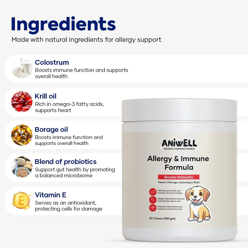 Aniwell Allergy & Immune Support Chews para Perros - Con Astrágalo, Linaza, Probióticos y Colostro