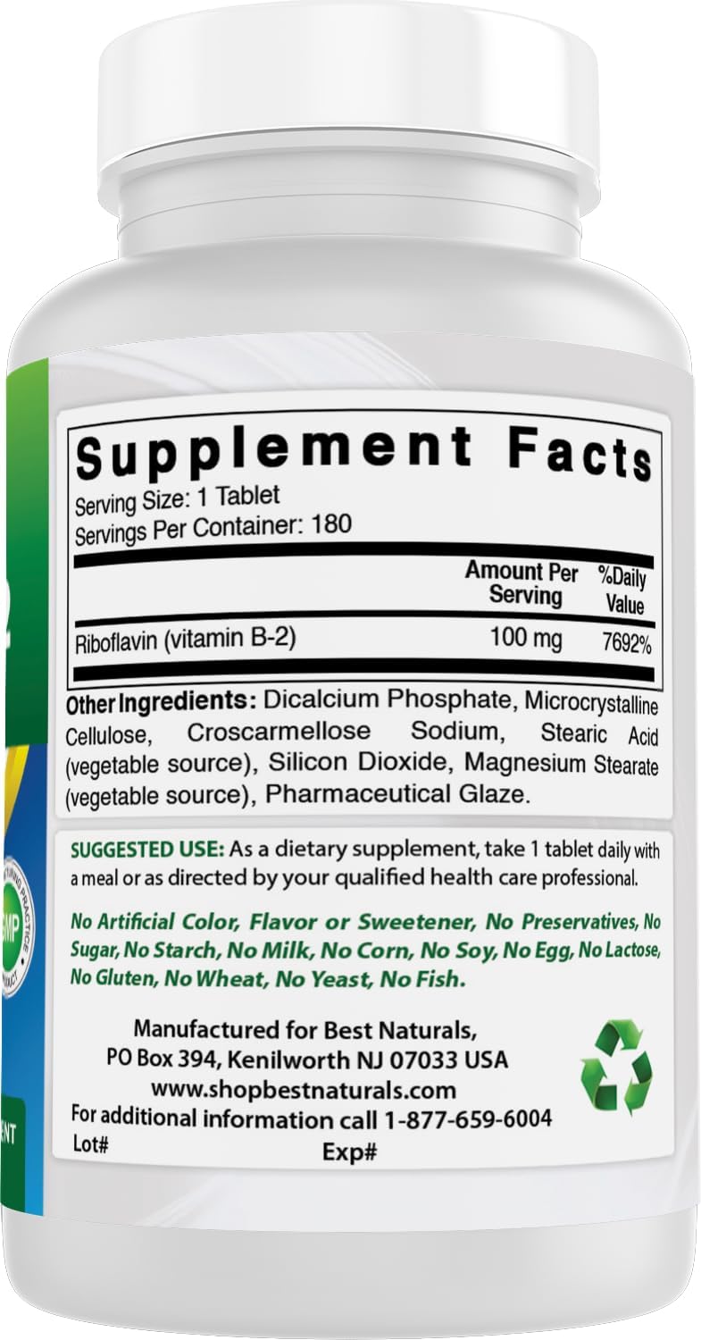 Best Naturals Vitamina B2 (Riboflavina) 100 mg 180 Comprimidos - Fórmula Premium - Probado por Laboratorio Externo