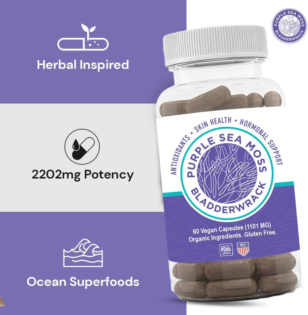 Cápsulas de Musgo Marino Púrpura y Bladderwrack | 2202mg Perfil Nutricional Completo - Mezcla de Algas Silvestres para el Bienestar Diario – 60 Cápsulas