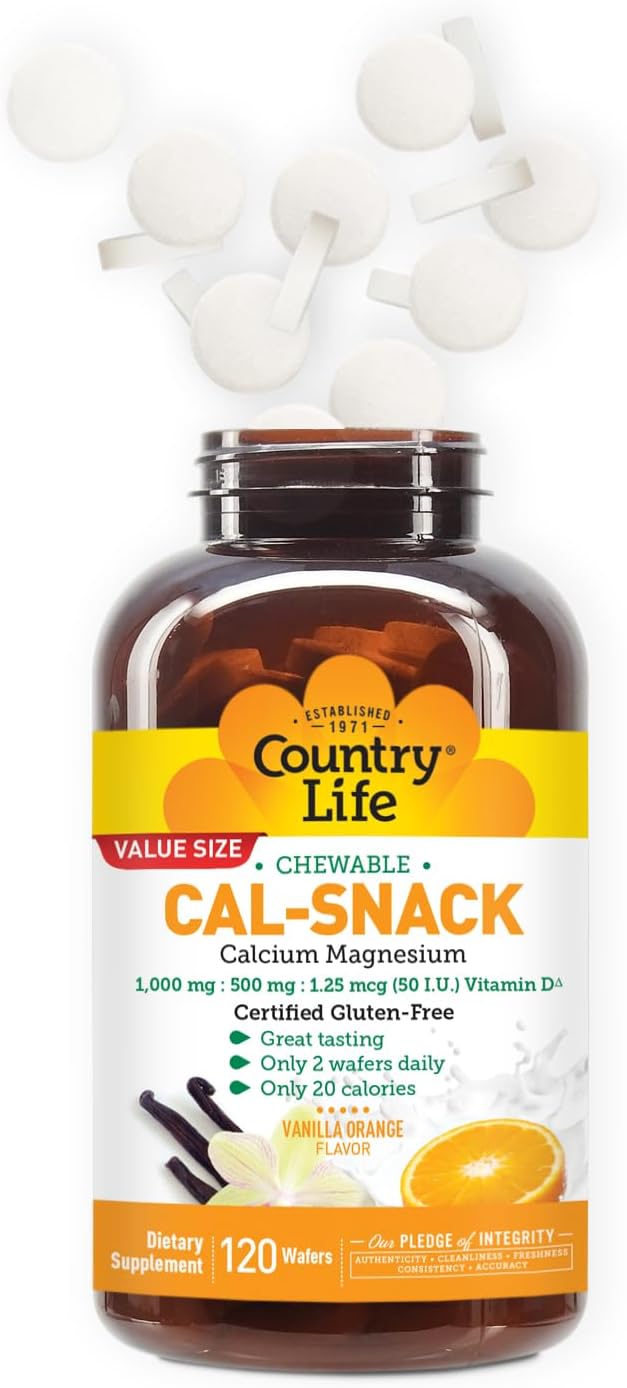 Country Life Cal-Snack - Comprimidos Masticables de Calcio y Magnesio con Vitamina D3, Sabor Naranja Vainilla