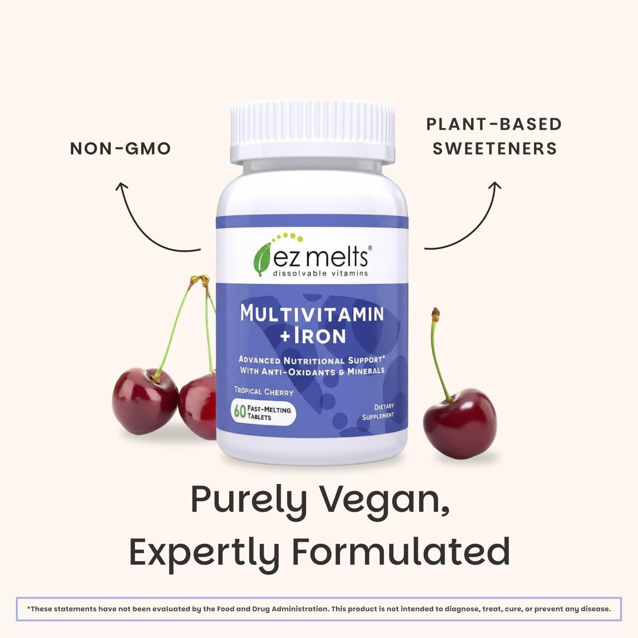 EZ Melts Multivitamínico + Hierro - 60 Comprimidos Disolventes Sabor Tropical Cherry