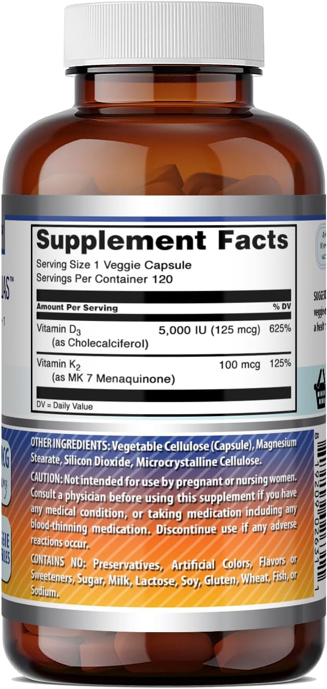Amazing Formulas Vitamina D3 5000 UI con Vitamina K2 100 mcg, 120 Cápsulas Vegetales