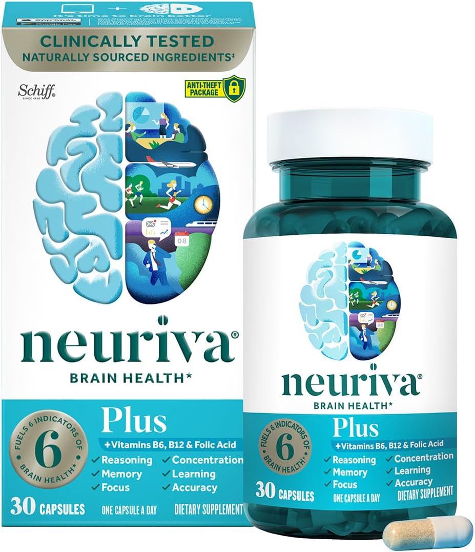 NEURIVA Plus Suplemento Cerebral: Memoria, Concentración y Enfoque con Fosfatidilserina y Neurofactor, Vitaminas B6 y B12, 120 Cápsulas (4 Paquetes de 30)