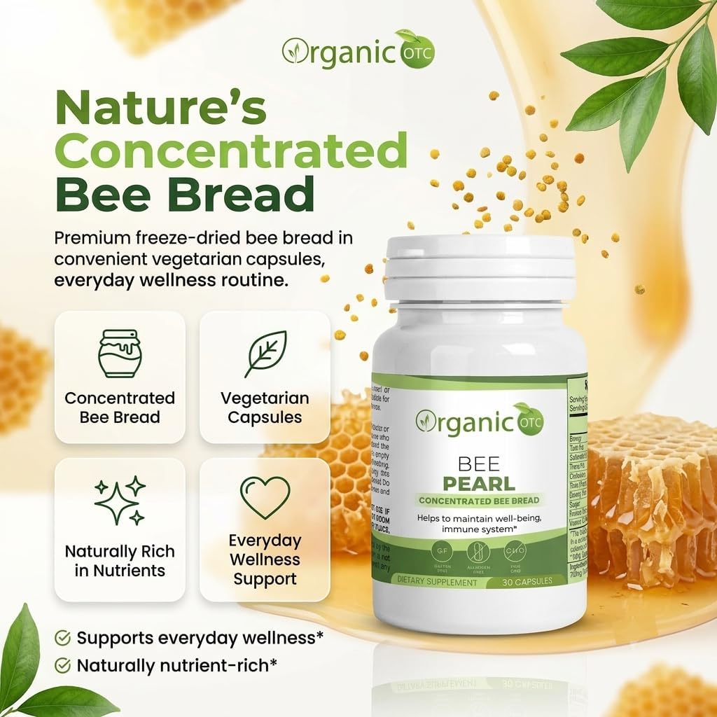 Cápsulas Orgánicas Bee Pearl – Pan de Abeja Concentrado – Mezcla Natural de Polen, Néctar y Enzimas con Vitaminas, Minerales y Polifenoles – 30 Cápsulas
