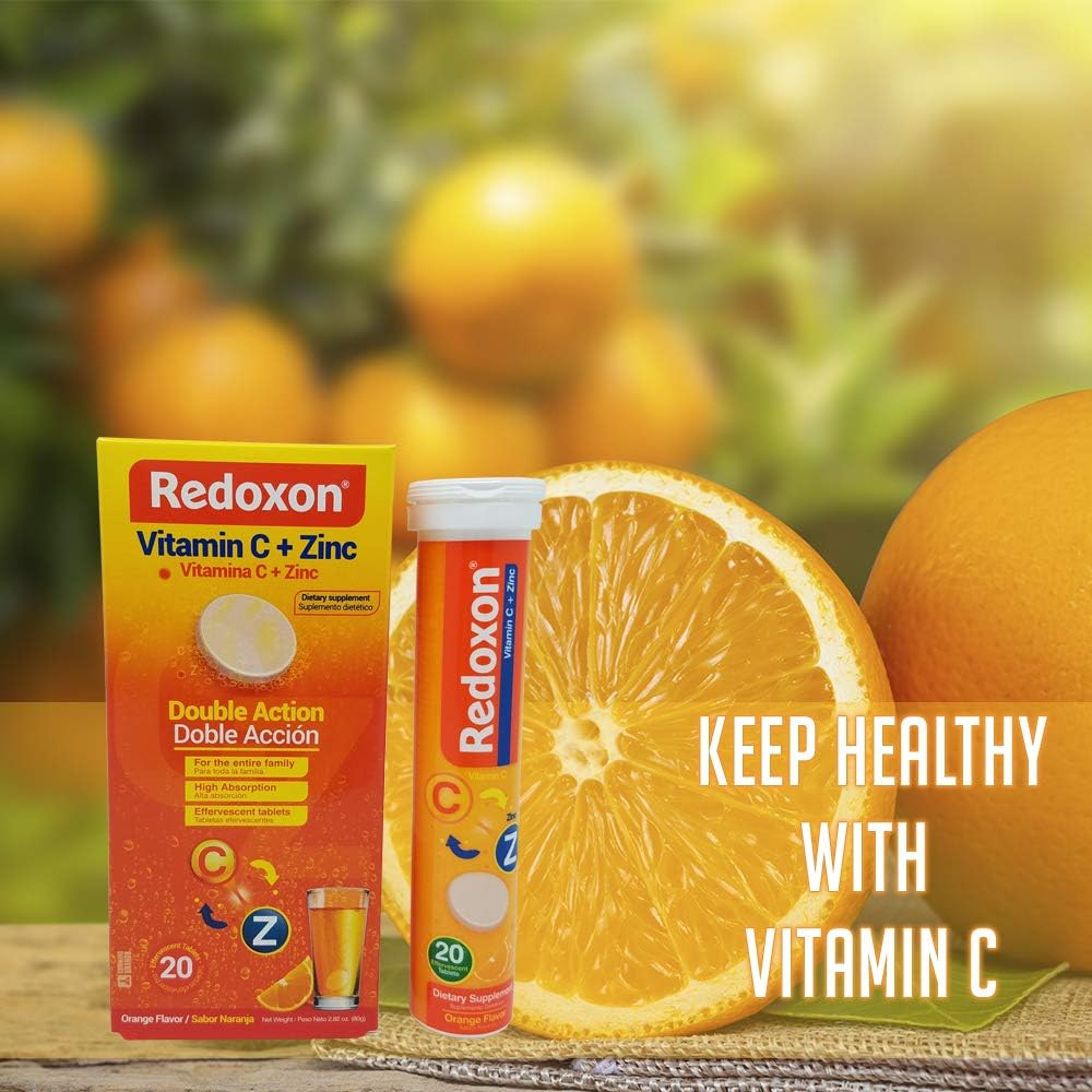 Redoxon Naranja Vitamina C Efervescente con Zinc, 20 Tabletas (Paquete de 6)