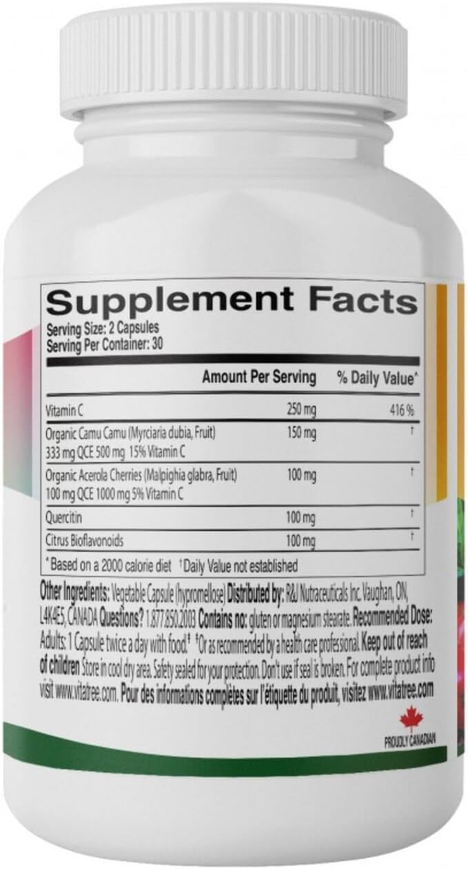 Vitatree Vitamina C Orgánica - Cápsulas de Camu Camu y Acerola con Quercetina
