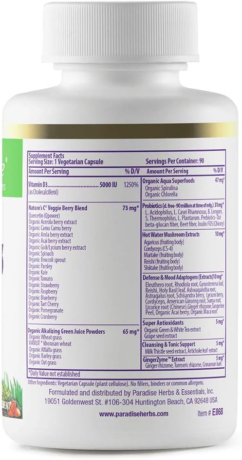 Paradise Herbs Earth's Blend Vitamin D3 con Base de Superfoods - 90 Cápsulas Vegetarianas