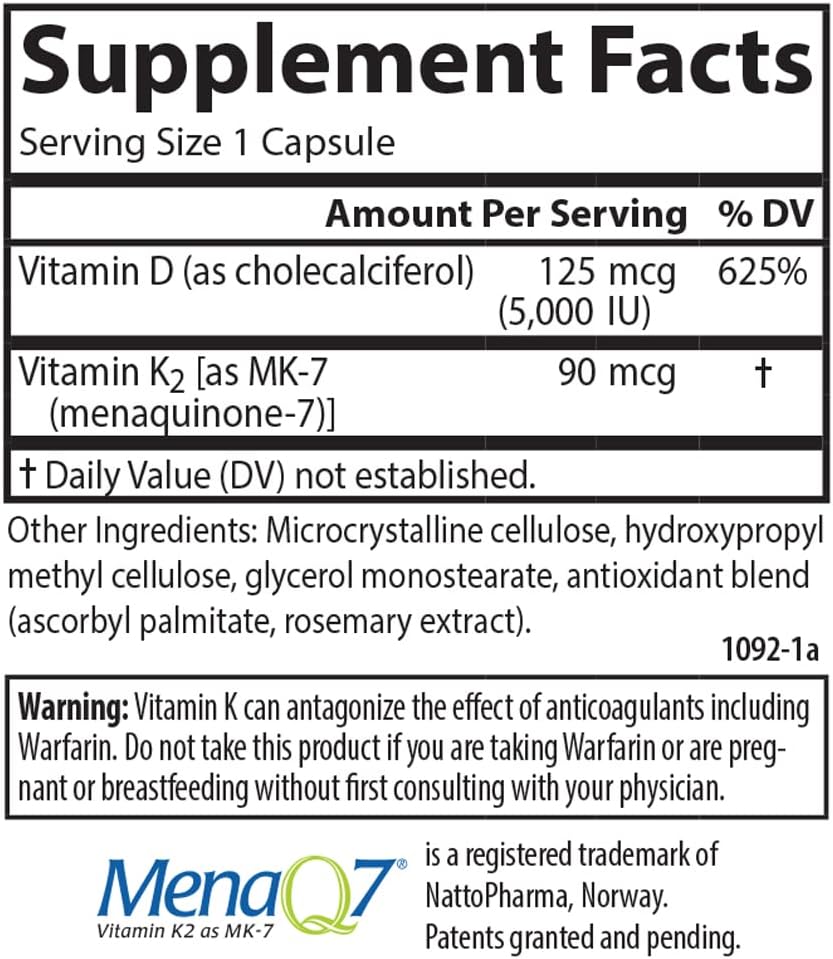 Carlson Super D3 + K2 - 5000 UI Vitamina D3 y 90 mcg Vitamina K2 MK-7 - 90 Cápsulas Vegetarianas