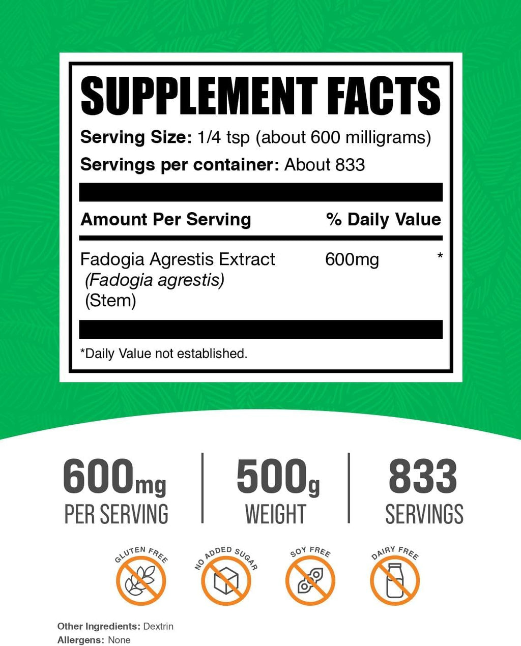 BulkSupplements.com Extracto de Fadogia Agrestis en Polvo - 600mg por Ración, 500g