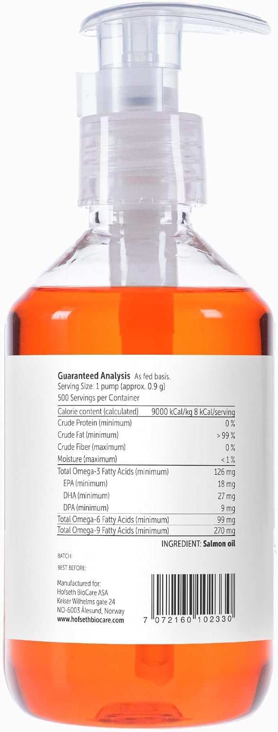 Aceite de Salmón para Perros - Piel y Pelaje Saludables, Suplemento Alimenticio Natural Noruego de Aceite de Pescado para Mascotas, Omega 3 EPA DHA, Ideal para Mudanza, Alergia, Picazón, Piel Seca, Salud de Articulaciones y Huesos - 500 ml