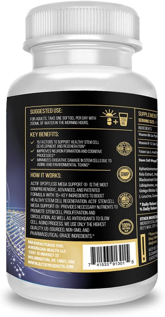 ACTIF Stem Cell Mega Support con 15 Factores - No Transgénico, 2 Meses de Suministro