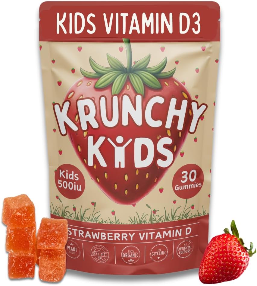 Krunchy Kids Vitamin D3 Gummies para Niños 2+ – Gomitas de Fresa con Ingredientes Limpios, Veganas y No-GMO, Bajo Índice Glucémico, 30 Unidades