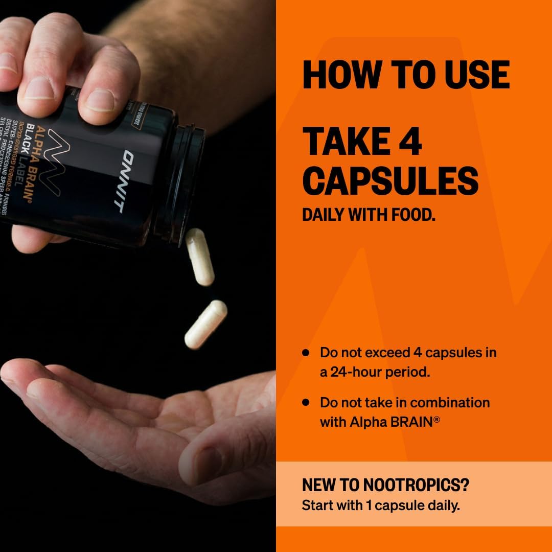 ONNIT Alpha Brain Black Label Cápsulas, Suplemento Cognitivo con Citicolina, Melena de León y Luteína, 80 Unidades