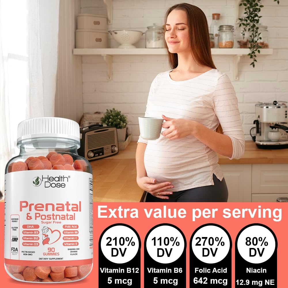 Health Dose Complejo Prenatal/Postnatal, Gominolas con Vitamina B6, B12, C, Zinc, 90 unidades