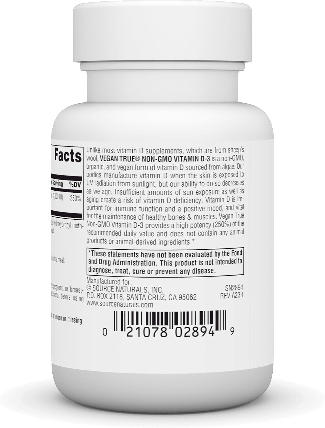 Source Naturals Vegan True Vitamina D-3, 2000 UI - 60 Cápsulas