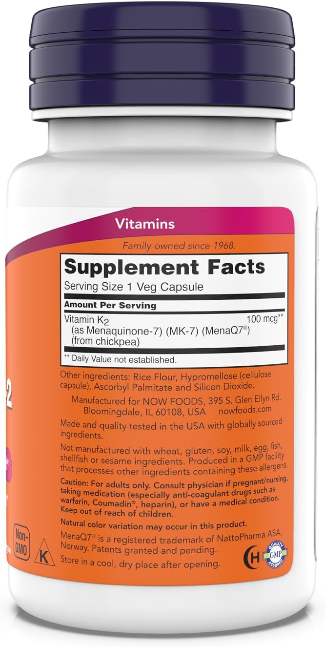 Now Supplements, MK-7 Vitamina K-2 100 mcg, Apoyo Cardiovascular*, Salud Ósea*, 180 Cápsulas Vegetales